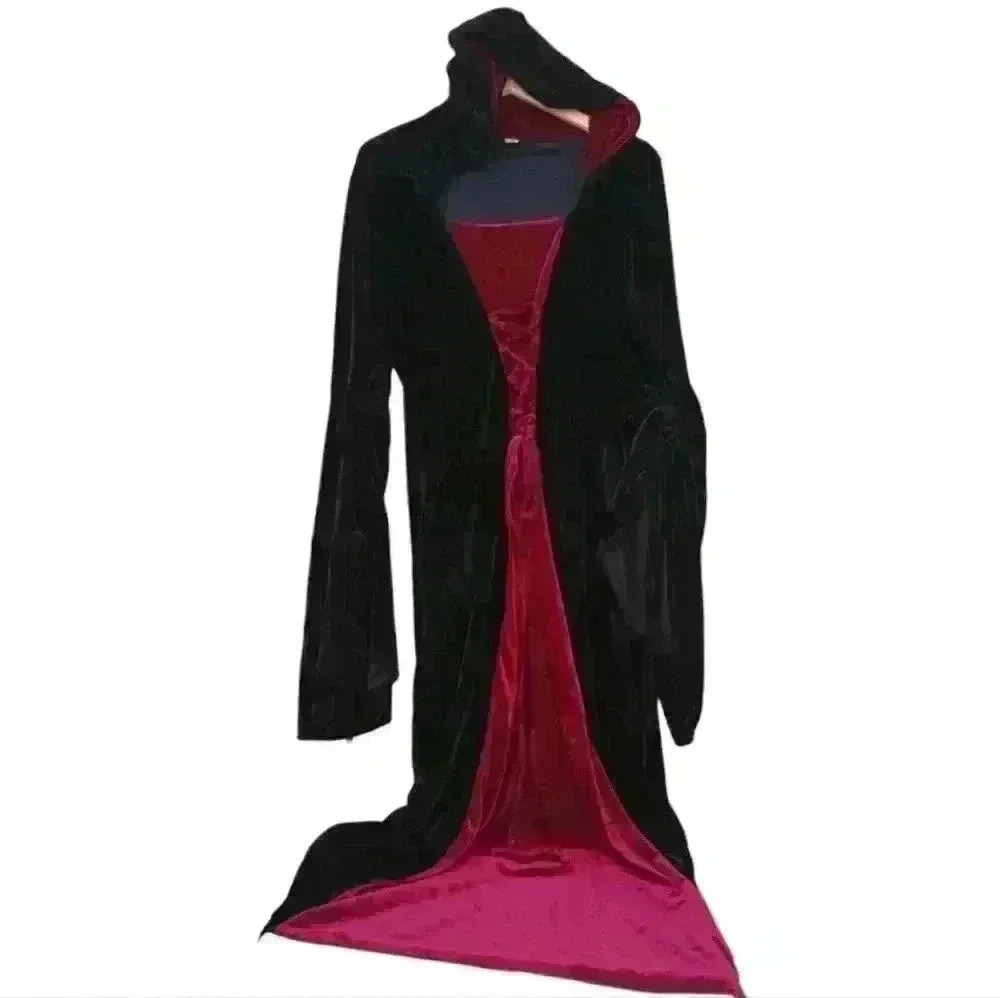 Adult Witch Sorcerer Long Flare Sleeve Hooded Black Velvet Halloween Costume
